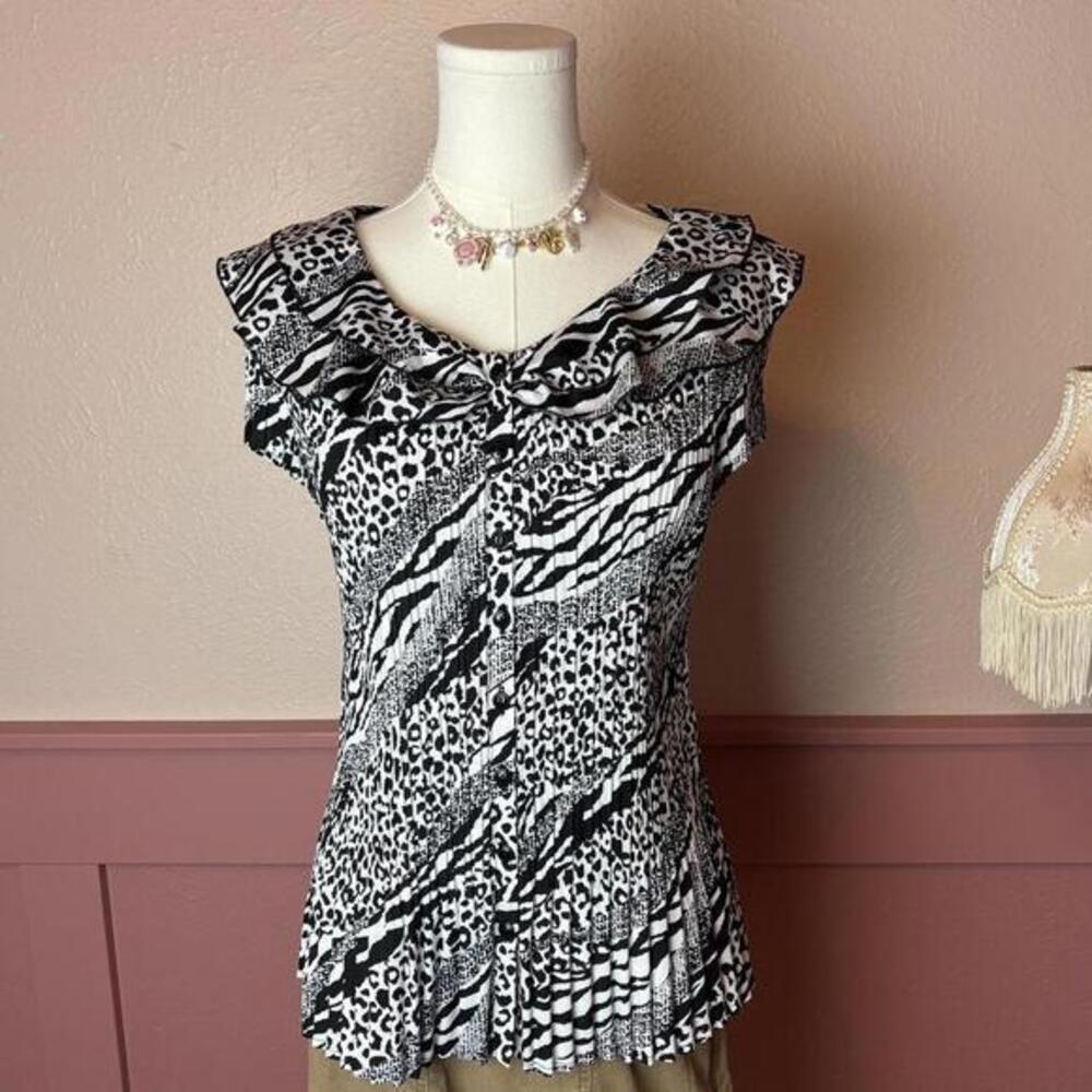 ruffle animal print button up blouse  milano sz small black white office siren